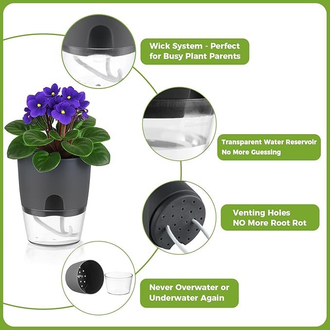 8 Pack Self Watering Pots for Indoor Plants, PlanterHoma 3.2 Inch Plant Pot - Image 6