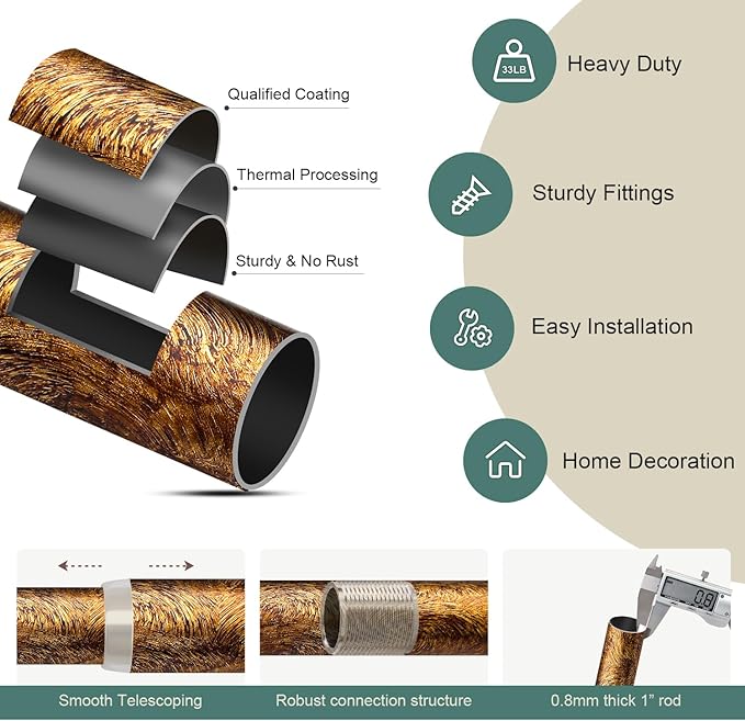 Retro Gold Curtain Rods for Windows 66 to 120 Inches Adjustable Length Heavy - Image 7