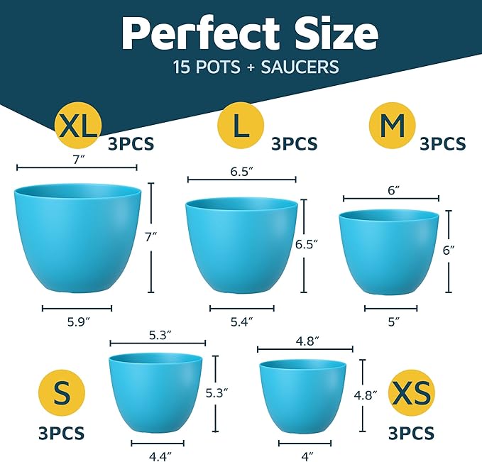 Blue Plant Pots with Drainage Holes & Saucers 15 Pack, Indoor & Outdoor - Image 2