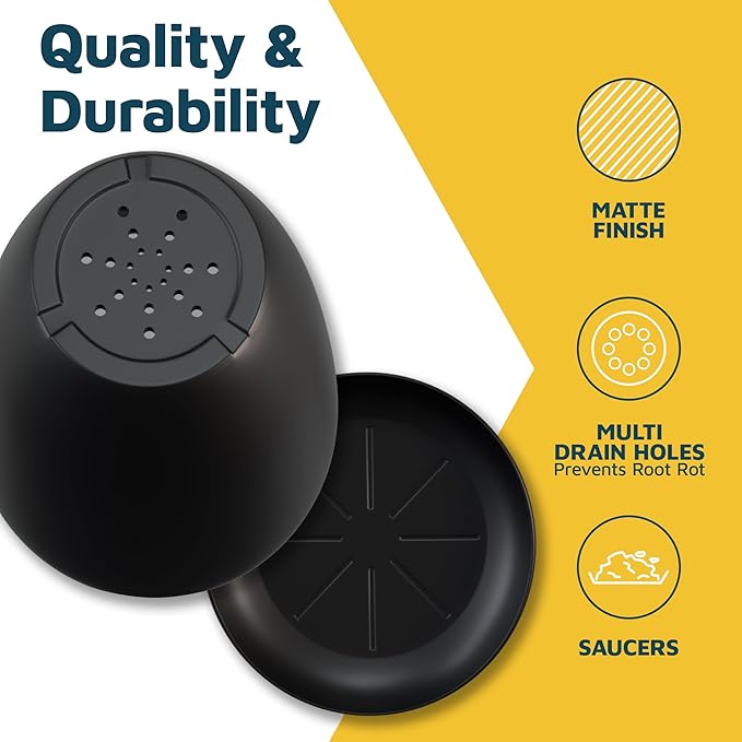 Black Plant Pots with Drainage Holes & Saucers 3 Pack, Indoor & Outdoor - Image 7