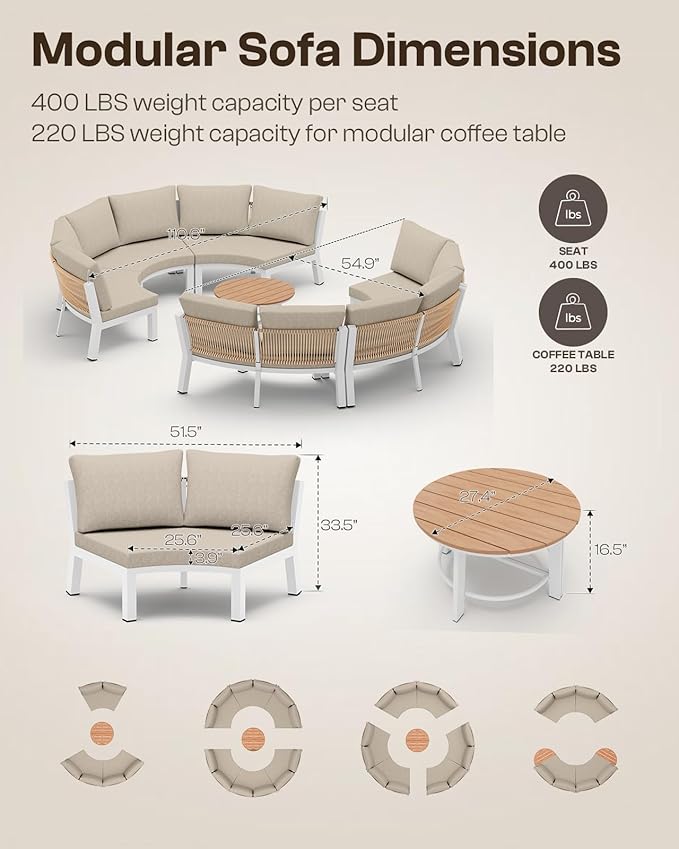 Outdoor Patio Furniture Set, 7 Piece Aluminum Curved Outdoor Sectional Sofas - Image 2