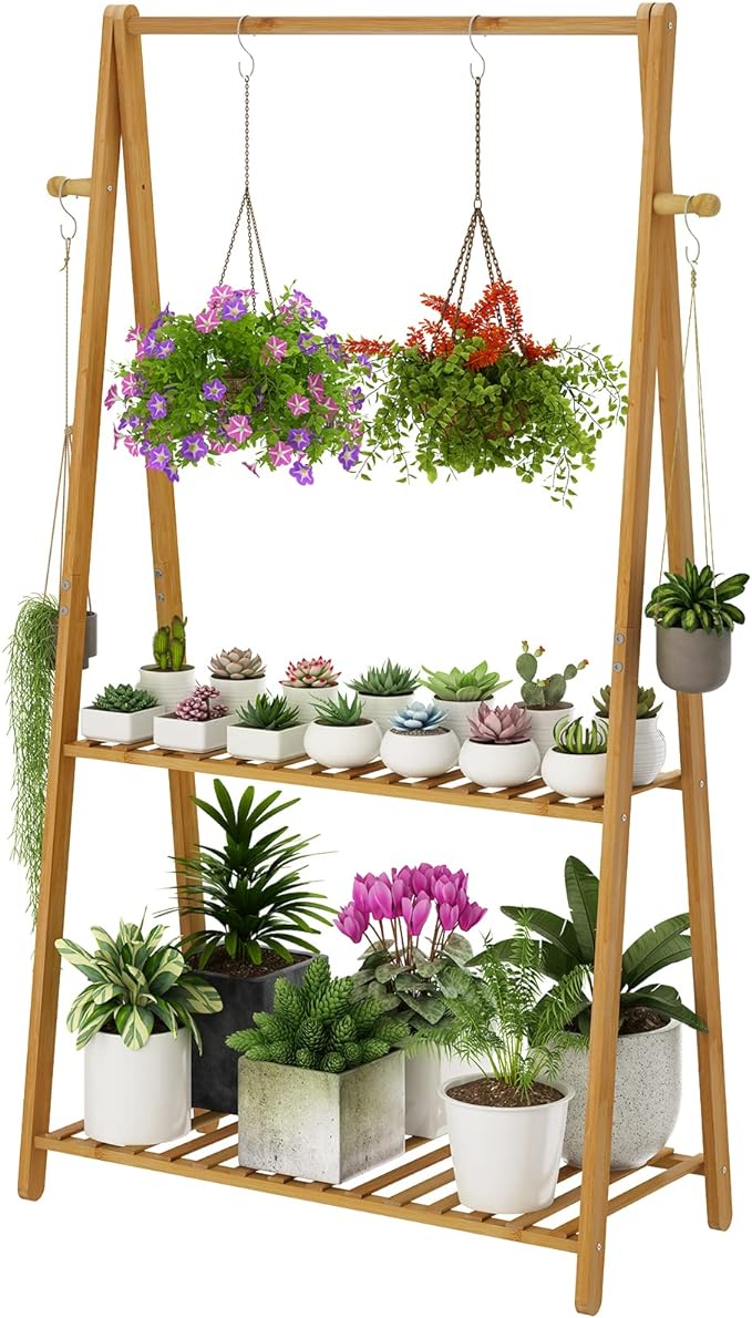 Hanging Plant Shelf Indoor Outdoor Plant Stands Wood Flower Stand 2 Tiered by TOVACU