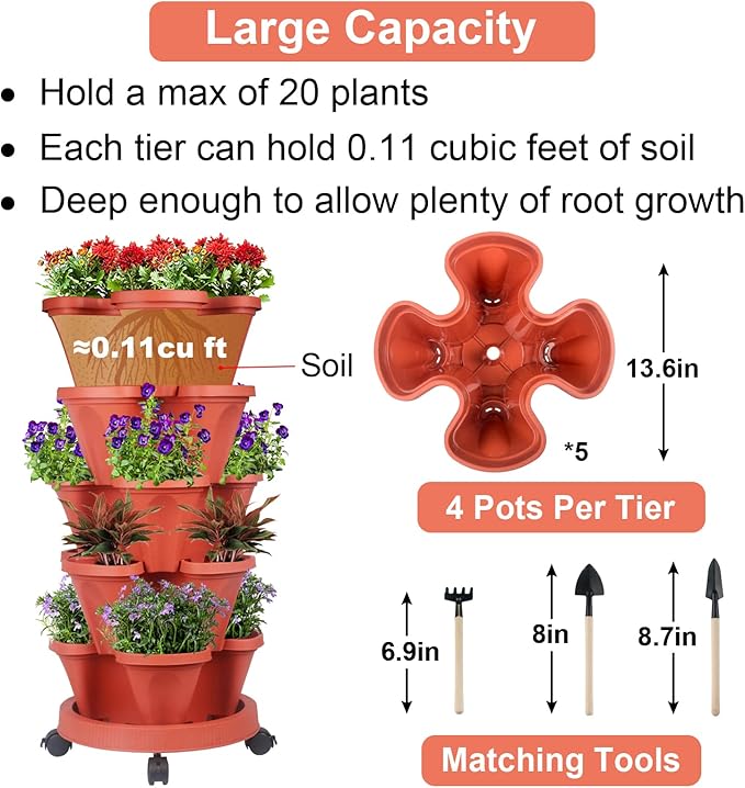 GameXcel Vertical Planter 5 Tier Stackable Planters Garden Planters Strawberry - Image 7
