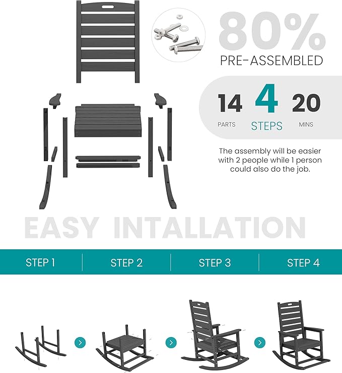 SERWALL Outdoor Rocking Chair Set of 4, Oversized HDPE Patio Rocking Chair - Image 8