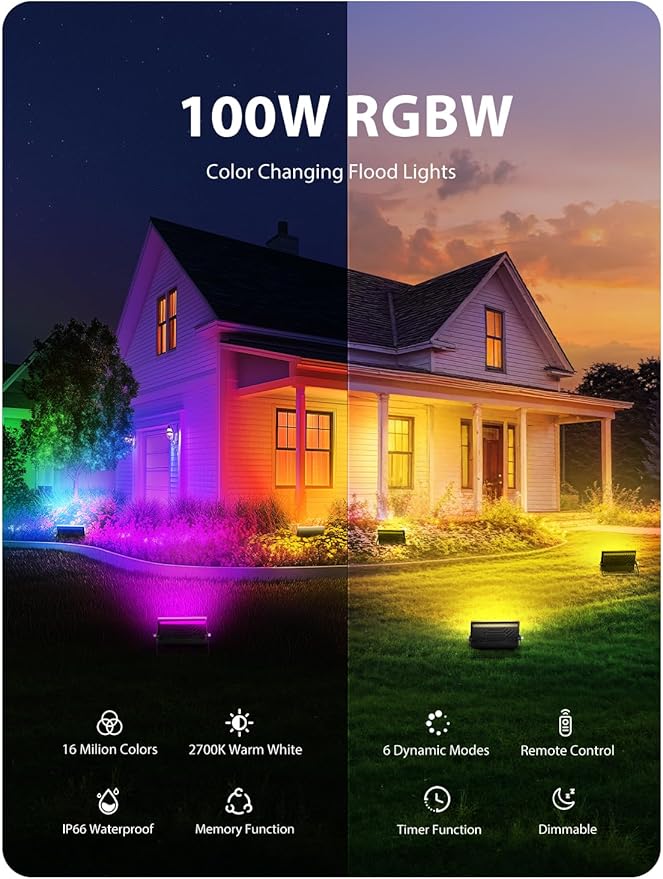 Onforu LED Flood Light Outdoor 800W Equivalent, 100W Color Changing RGBW - Image 2