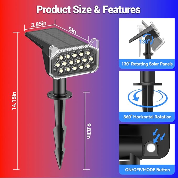 WdtPro 6 Pack Solar Color Changing Spot Lights, 10 Lighting Modes, 9 Colors - Image 7