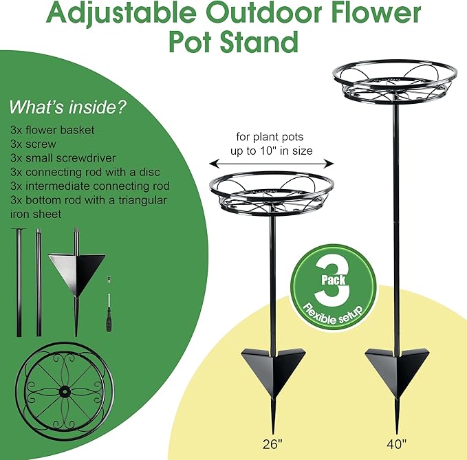 Tellingyou 3 Pack Adjustable Outdoor Flower Pot Stand, Metal Outdoor Plant - Image 3