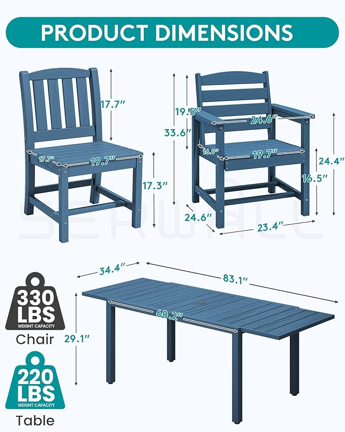 SERWALL 7-Piece Outdoor Dining Set, All Weather HDPE Outdoor Furniture Set - Image 2