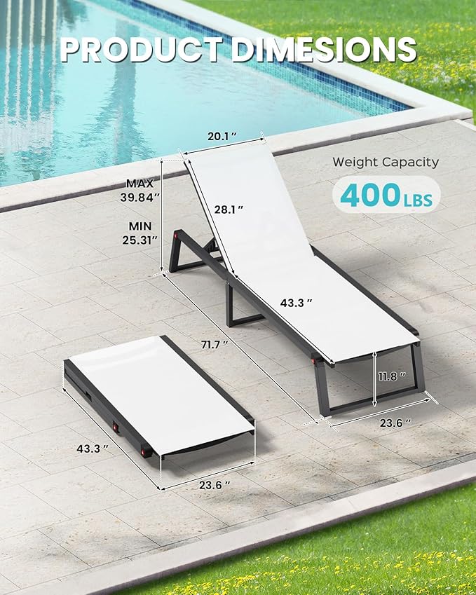 Aluminum Chaise Lounge Chair Outdoor, Foldable & Assembly Free Patio Pool - Image 2