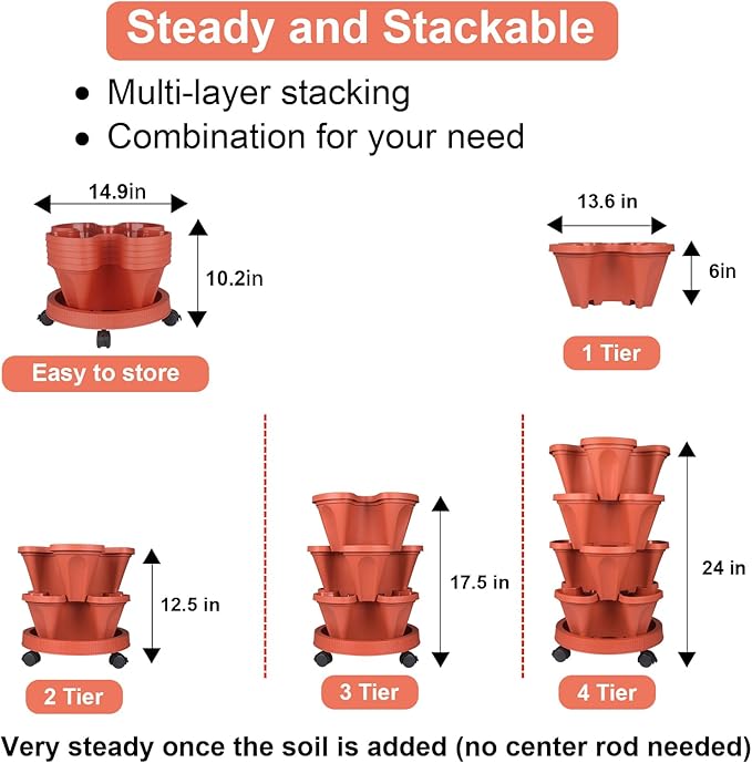 GameXcel Vertical Planter 4 Tier Stackable Planters Garden Planters Strawberry - Image 7