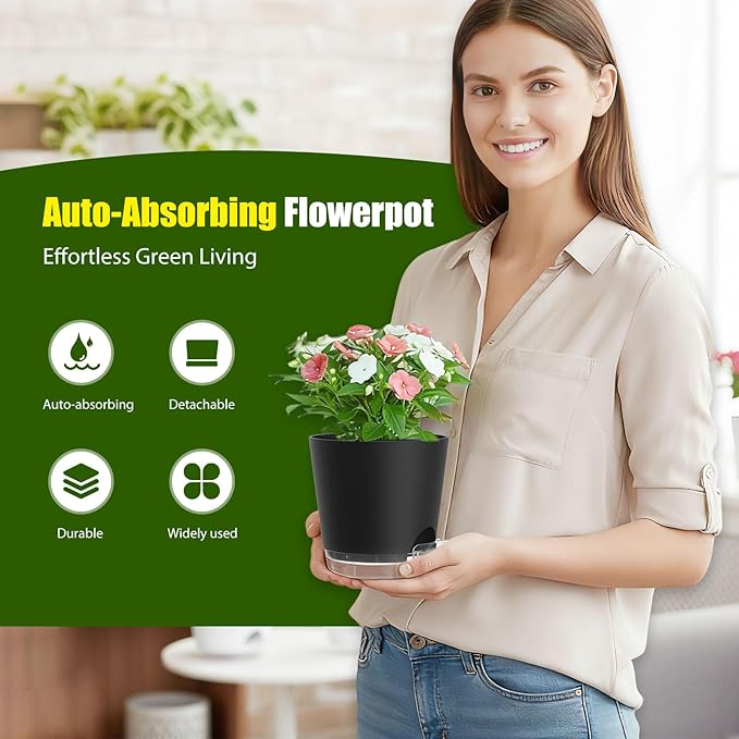 Plant Pots 6 Inch Self Watering Pots, 6 Pack Plastic Planters - Image 2