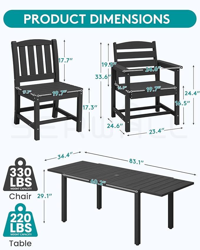 SERWALL 9-Piece Outdoor Dining Set, All Weather HDPE Outdoor Furniture Set - Image 2