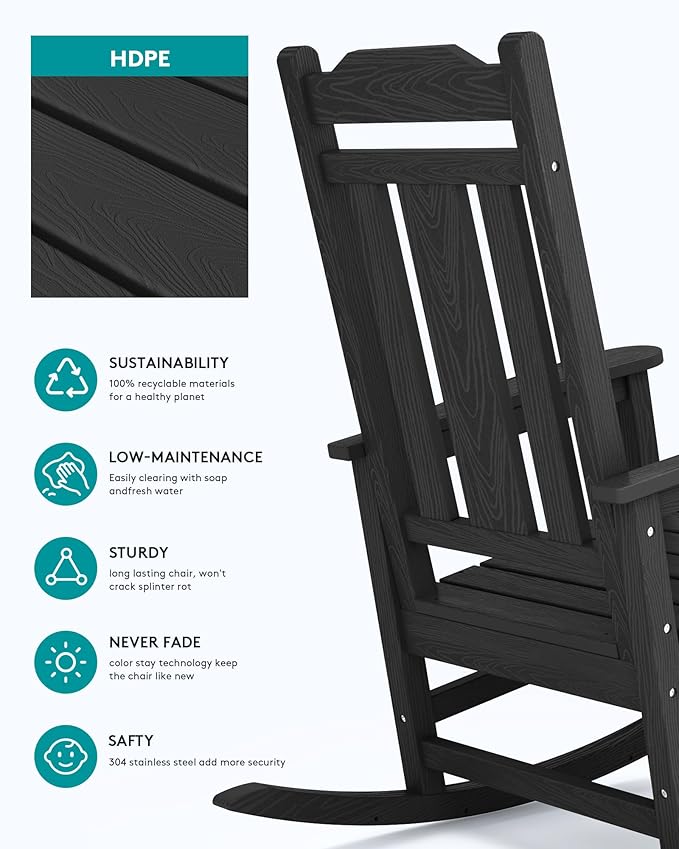 SERWALL Outdoor Rocking Chair Black Set of 8, All Weather Patio Rocking Chair - Image 5