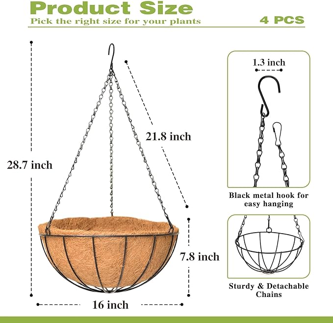 4 Pack 16 Inch Hanging Planters Outdoor Metal Hanging Flower Baskets - Image 4