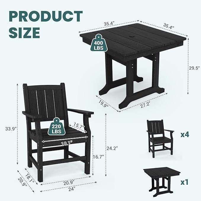 Pamapic 5 PCS Outdoor Dining Set, Spacious HDPE Outdoor Table and Chairs - Image 6