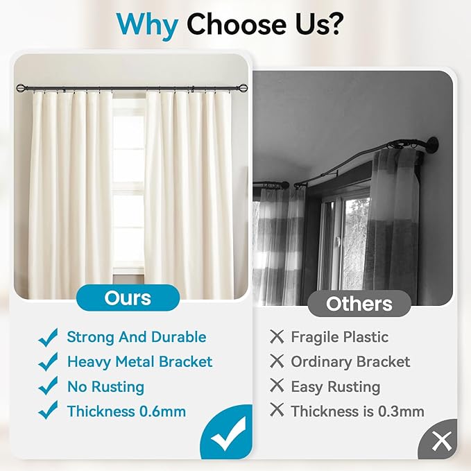 Black Curtain Rods for Windows, 5/8 Inch Heavy Duty 66 to 120” Small Curtain - Image 3