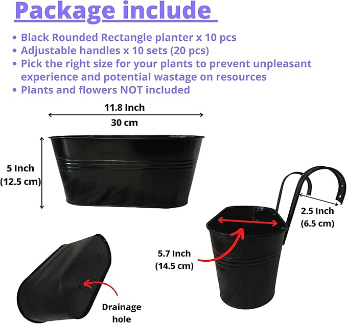 LaLaGreen Rail Planter Outdoor Plants Black Metal Iron Hanging Flower Pots Deck - Image 2