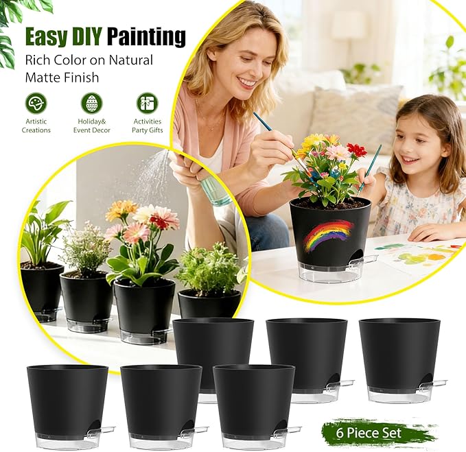 Plant Pots 7 Inch Self Watering Pots, 6 Pack Plastic Planters - Image 6