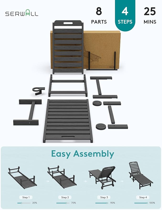 SERWALL Outdoor Chaise Lounge Chair, HDPE Patio Lounge Chair - Image 9