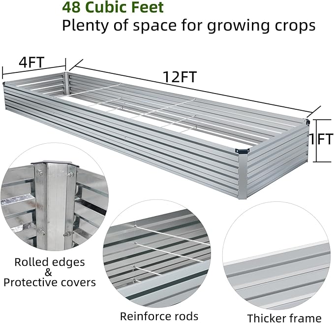 2 Pack 12x4x1FT Galvanized Raised Garden Beds Kit Outdoor Metal Gardening - Image 2