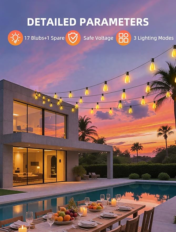 Outdoor Patio String Lights 50ft: ST38 LED Shatterproof Bulbs 3 Modes Button - Image 6
