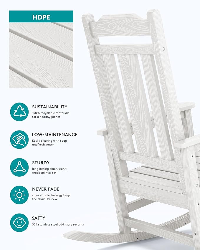SERWALL Outdoor Rocking Chair White Set of 8, All Weather Patio Rocking Chair - Image 5