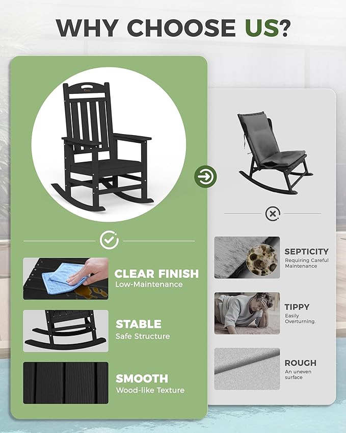 Oversized Outdoor Rocking Chair, High Back Porch Rocker Chair, HDPE All Weather - Image 8