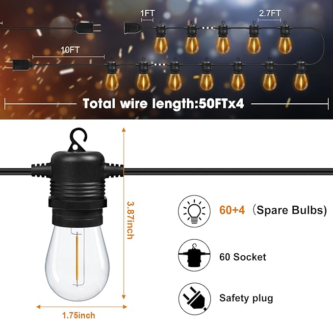 200FT LED Outdoor String Lights Waterproof Patio Lights - Image 6