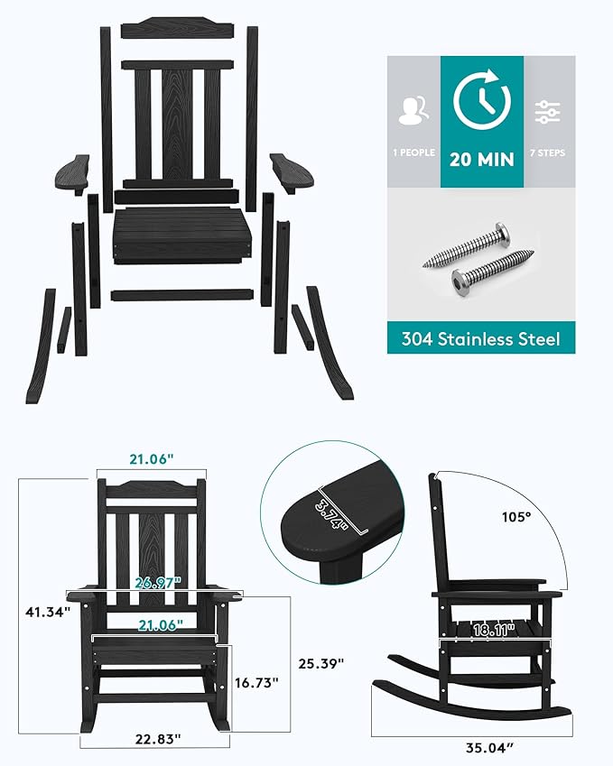 SERWALL Outdoor Rocking Chair Black Set of 8, All Weather Patio Rocking Chair - Image 2