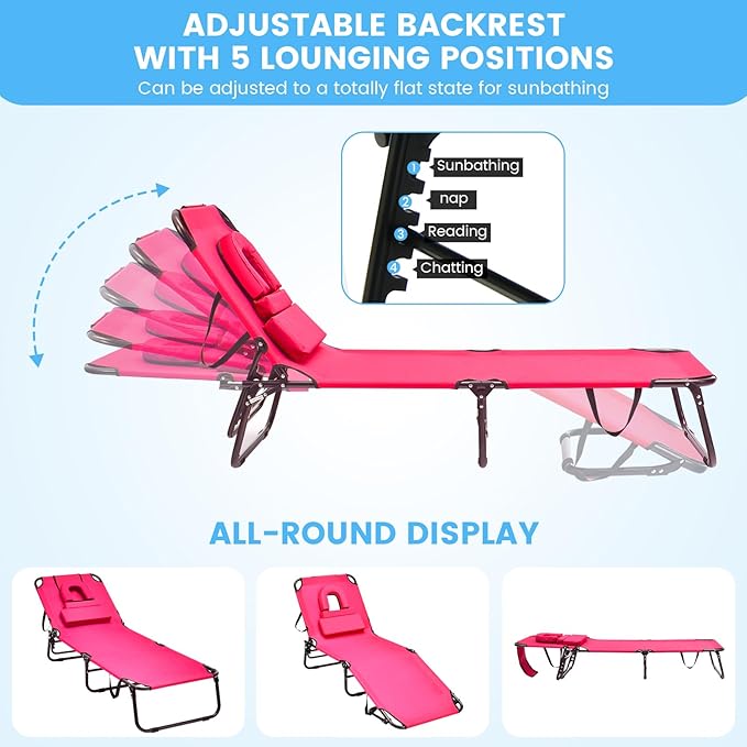 GYMAX Tanning Chair, 350lbs Beach Lounge Chair - Image 6