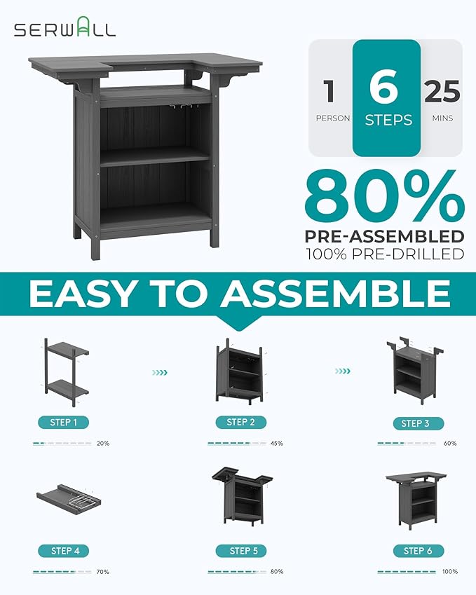 SERWALL Outdoor Bar Table Set – HDPE Grey Patio Bar Cabinet - Image 7