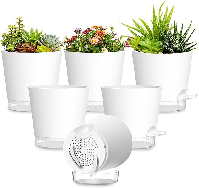 Plant Pots 5 Inch Self Watering Pots, 6 Pack Plastic Planters by SQKH