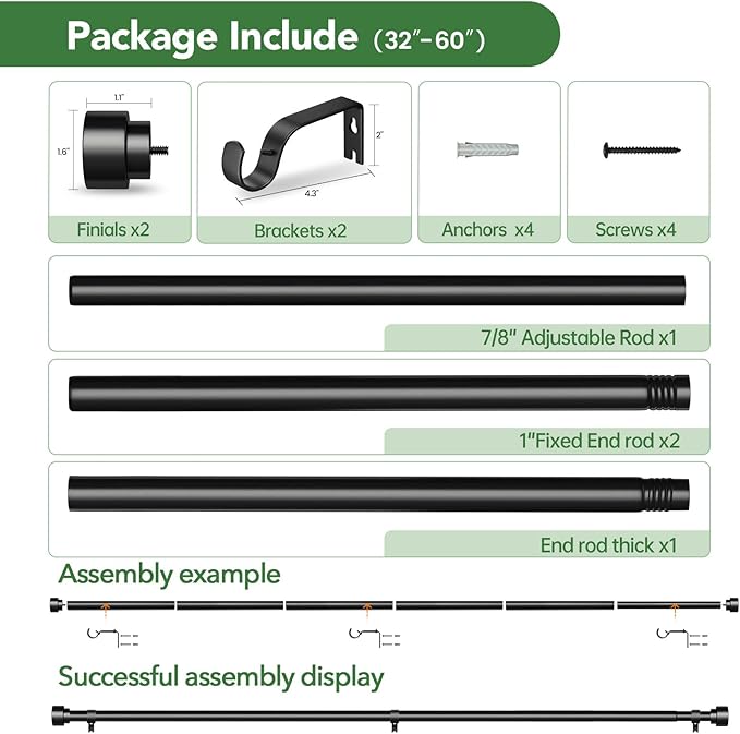Time Forest Black Curtain Rods for Windows 28 to 48 Inch, 1 Inch Diameter - Image 6
