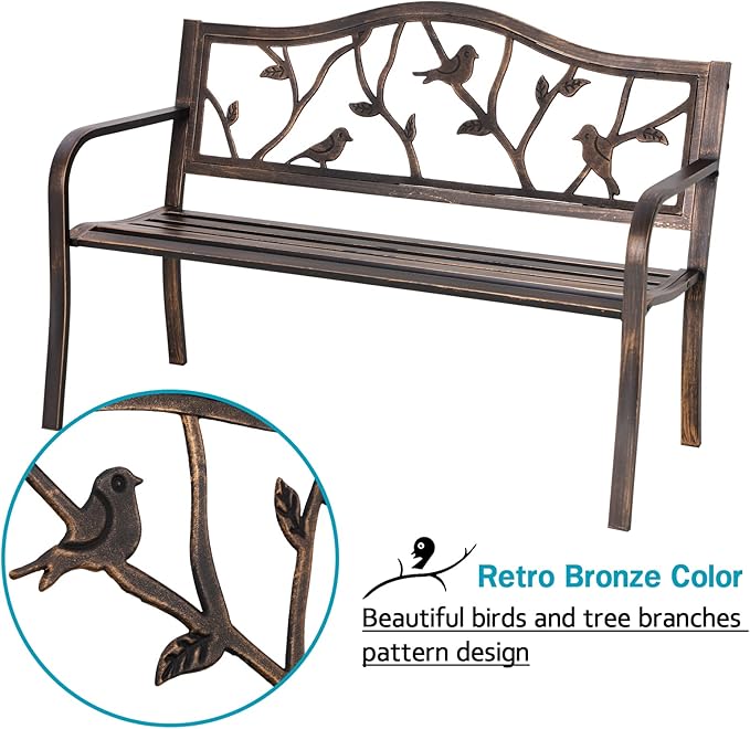 MFSTUDIO 50" Outdoor Garden Bench, Patio Metal Frame Park Bench - Image 4