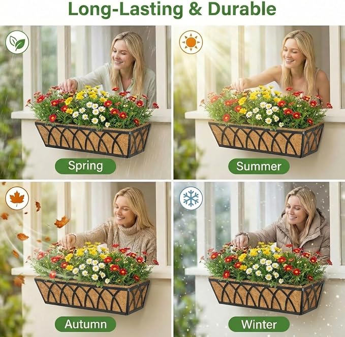 Y&M 24 Inch Window Deck with Coco Liner, Fence Metal Hanging Flower Planter - Image 5