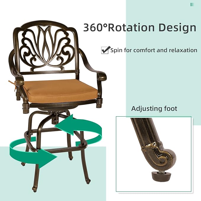 VIVIJASON 3-Piece Patio Swivel Bar Stools Set, All Weather Cast Aluminum - Image 2