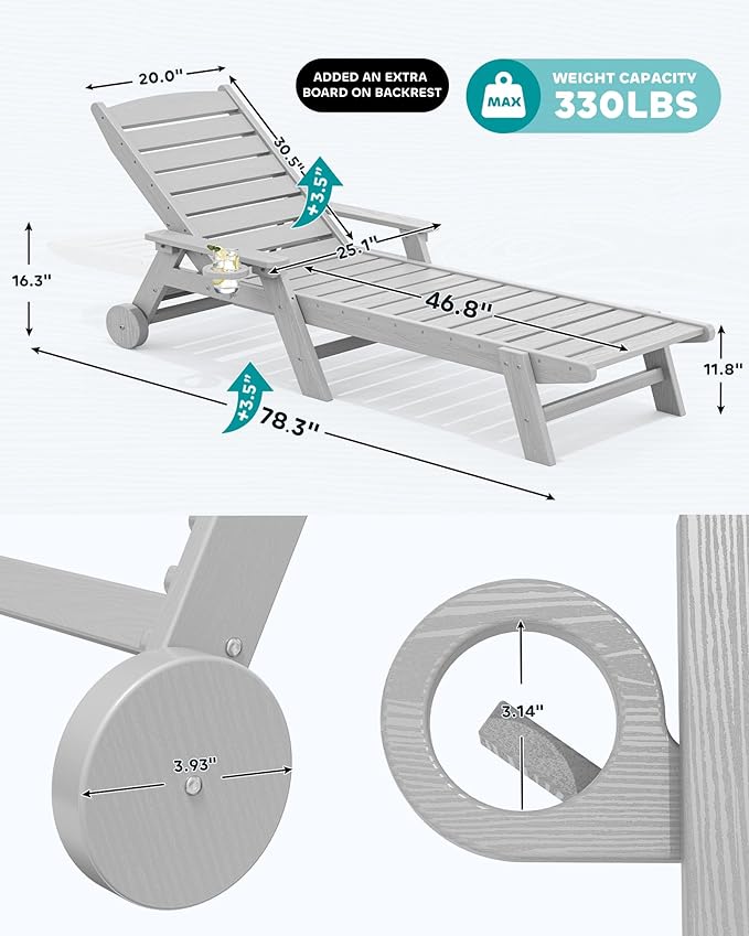SERWALL Patio Chaise Lounge Chair, Poly Lounge Chair - Image 2
