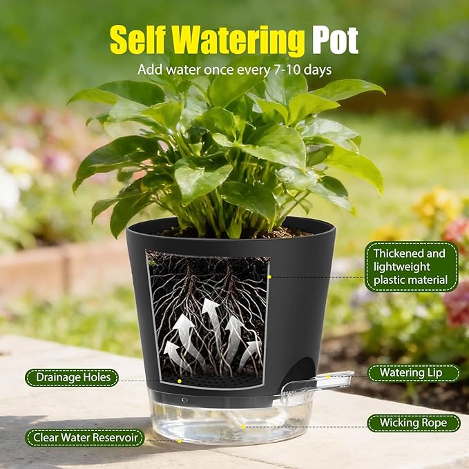 Plant Pots 6 Inch Self Watering Pots, 6 Pack Plastic Planters - Image 4
