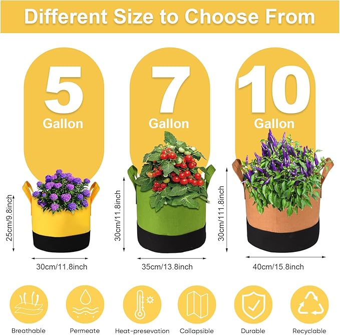 6-Pack 5/7/10 Gallon Grow Bags - 350G Heavy Duty Fabric Pots - Image 4