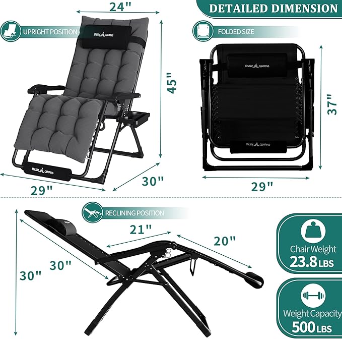 UDPATIO Oversized Zero Gravity Chair 33In XXL Patio Reclining Chair - Image 3