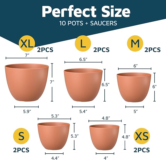 Terracotta Plant Pots with Drainage Holes & Saucers 10 Pack, Indoor & Outdoor - Image 2