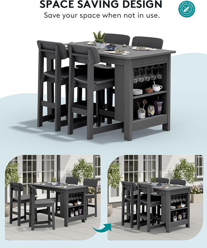 SERWALL Outdoor Bar Table and Chairs Set, 5-Piece HDPE Counter Height Patio - Image 5
