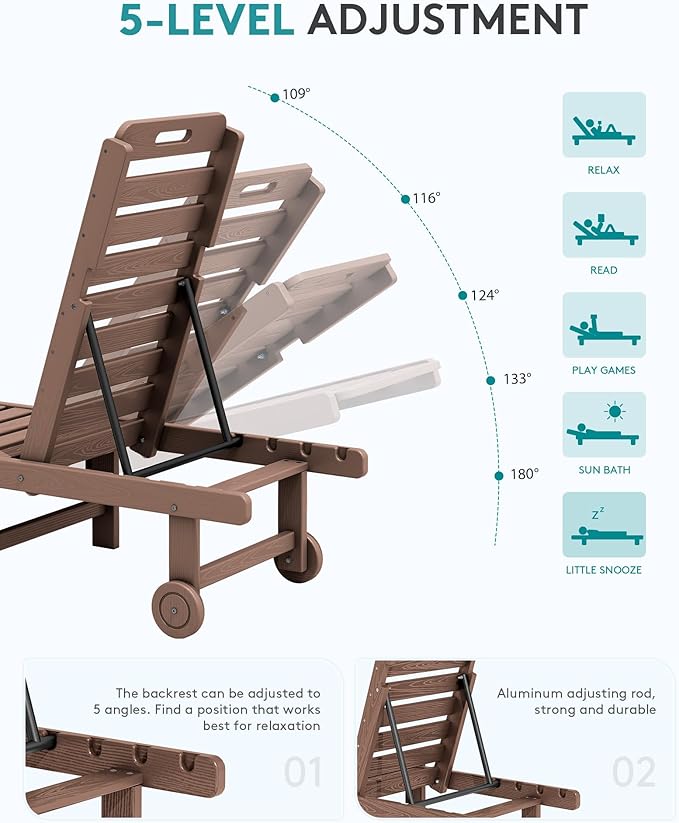 SERWALL Patio Chaise Lounge Set of 4, HDPE Outdoor Lounge Chair - Image 4