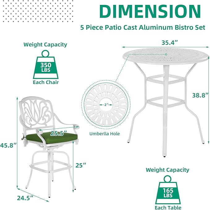 VIVIJASON 5-Piece Patio Swivel Bar Stools Set, All Weather Cast Aluminum - Image 6