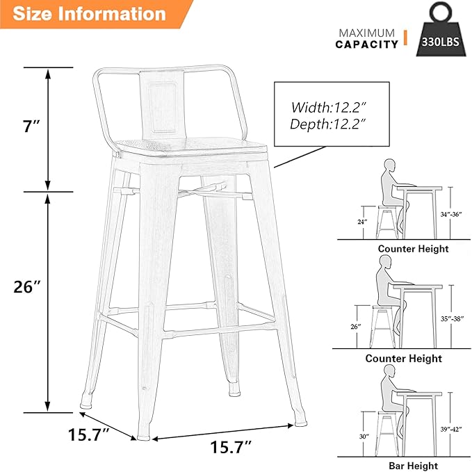Yongchuang 26" Metal Barstools Set of 4 Low Back Bar Stool Counter Height Bar - Image 3