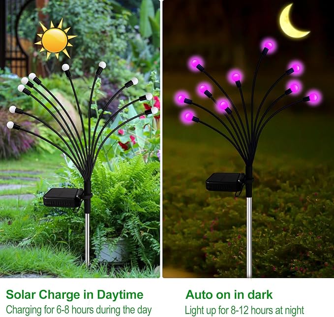 Kohlrabi Solar Garden Lights Outdoor, 4 Pack 40 LED Solar Pink Firefly Lights - Image 3