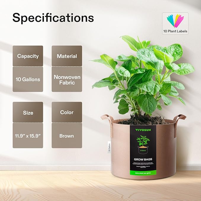 VIVOSUN 5-Pack 10 Gallons Grow Bags Heavy Duty Thickened Nonwoven Fabric Pots - Image 2