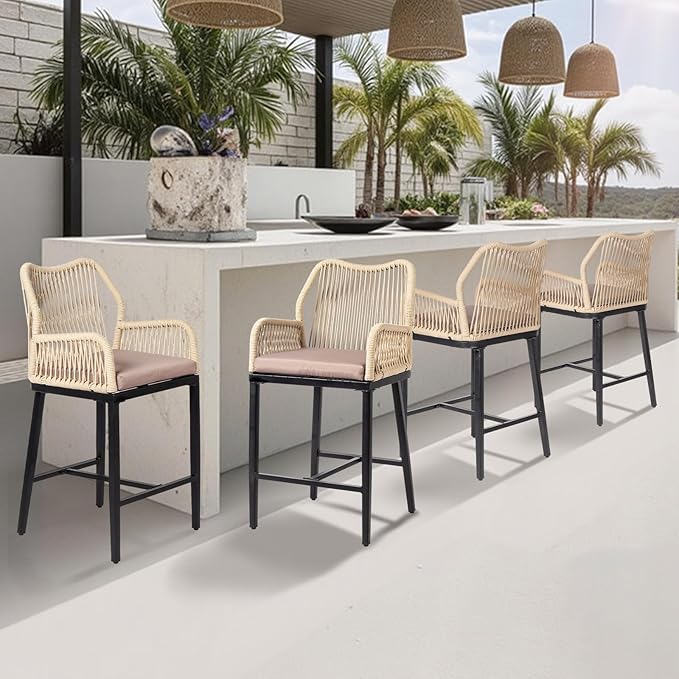 VINGLI Outdoor Counter Height Bar Stools Set of 2, Rattan Outdoor Barstools - Image 7