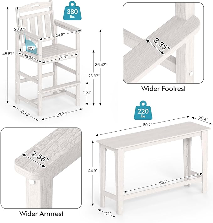 Ciokea 3 Pcs Outdoor Bar Height Table Set, Heavy-Duty All-Weather HDPE Patio - Image 3