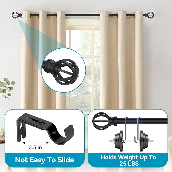 Black Curtain Rods for Windows, 5/8 Inch Heavy Duty 66 to 120” Small Curtain - Image 2